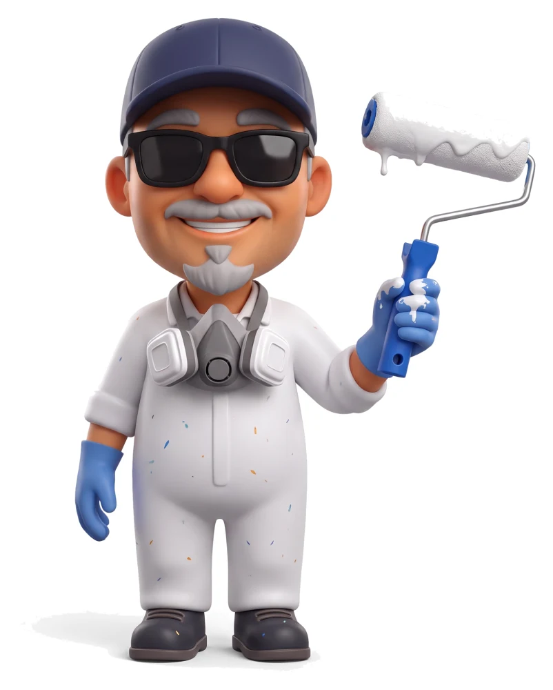 Cartoon of Nick Miri, owner of Miri Decorating, holding a paint roller